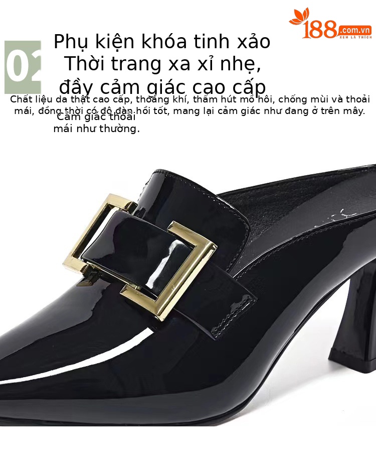 Giày mule nữ mũi nhọn da bóng gót thấp kiểu Pháp — Màu đen chi tiết 10