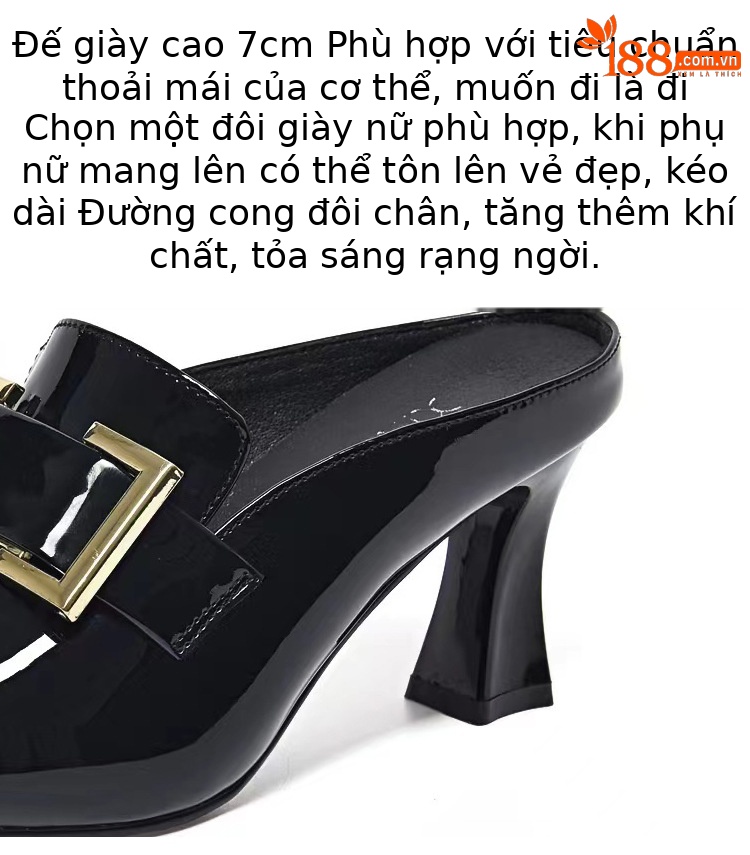 Giày mule nữ mũi nhọn da bóng gót thấp kiểu Pháp — Màu đen chi tiết 11