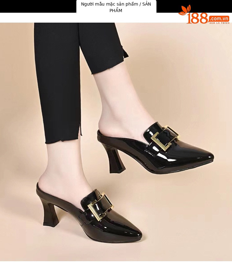 Giày mule nữ mũi nhọn da bóng gót thấp kiểu Pháp — Màu đen chi tiết 12