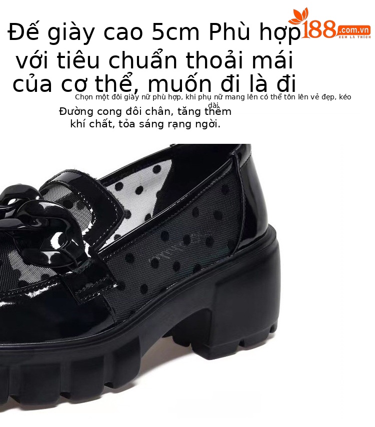 Giày lười nữ đế bánh xốp dày da thật gót thô phong cách Anh — Màu đen chi tiết 11