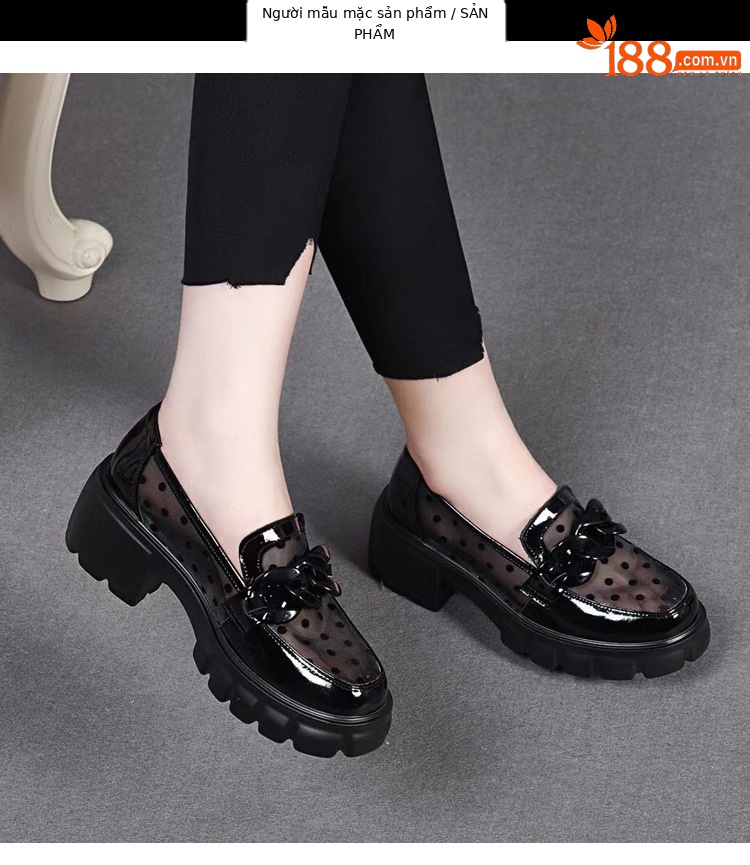Giày lười nữ đế bánh xốp dày da thật gót thô phong cách Anh — Màu đen chi tiết 12