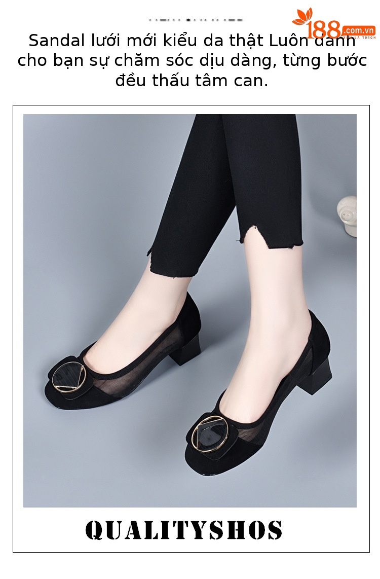 Sandal nữ quai chữ V đế mềm gót thấp 2.5 cm, chất liệu da thật lưới thoáng khí — Gót đen cao 2.5 cm chi tiết 1