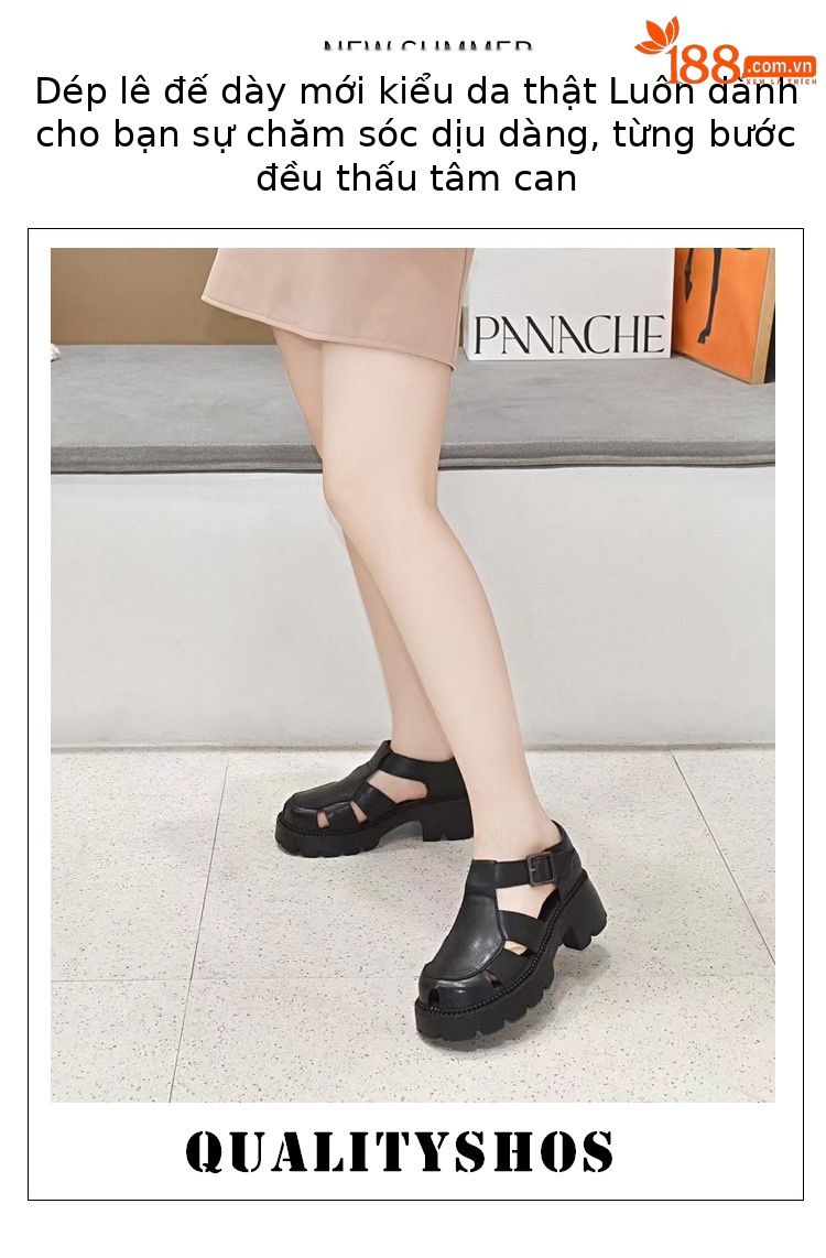 Giày sandal nữ bít mũi da thật phong cách retro đế dày gót thấp — Màu nâu chi tiết 1