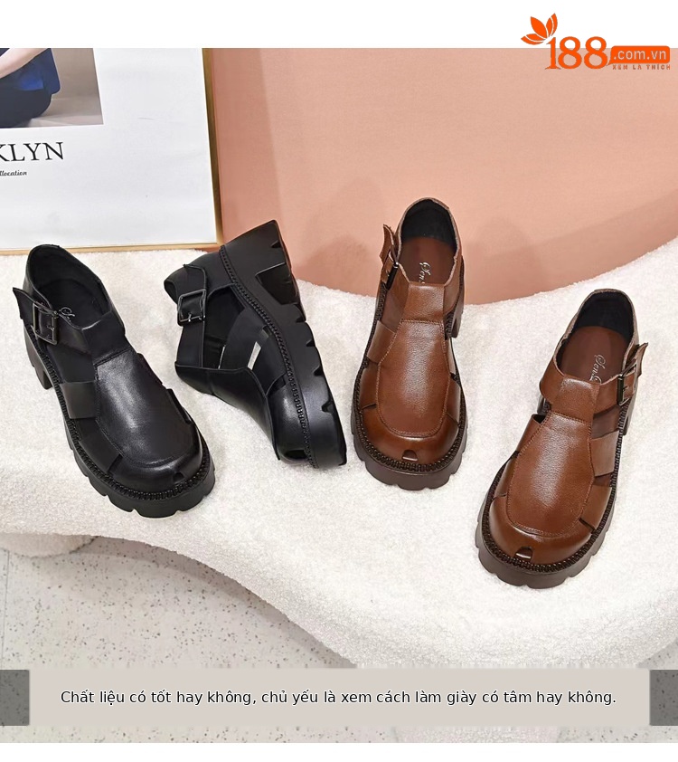 Giày sandal nữ bít mũi da thật phong cách retro đế dày gót thấp — Màu nâu chi tiết 3