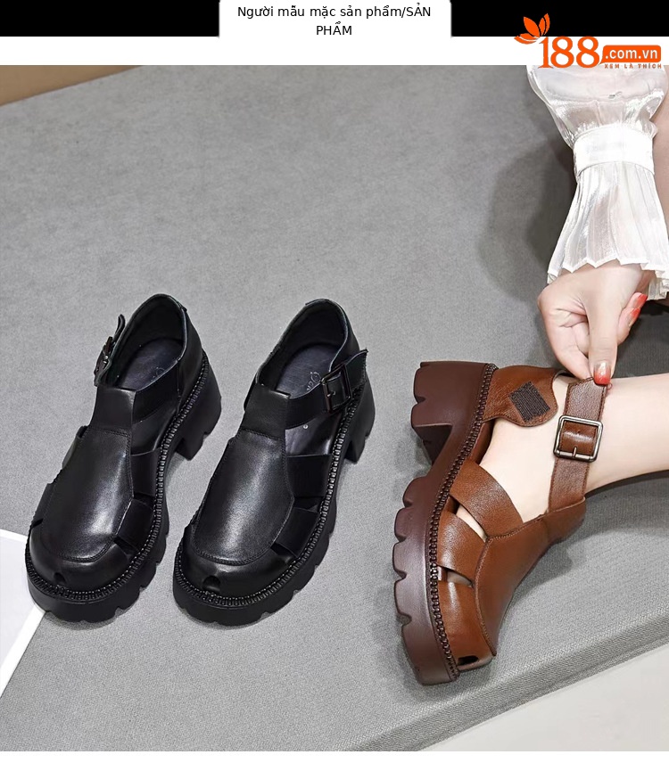 Giày sandal nữ bít mũi da thật phong cách retro đế dày gót thấp — Màu nâu chi tiết 12