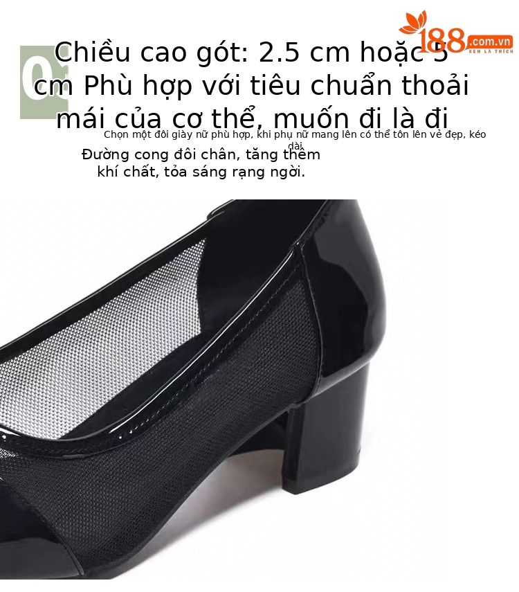 Giày cao gót nữ mũi vuông gót vuông da bóng đế mềm thoáng khí — Màu đen chi tiết 10