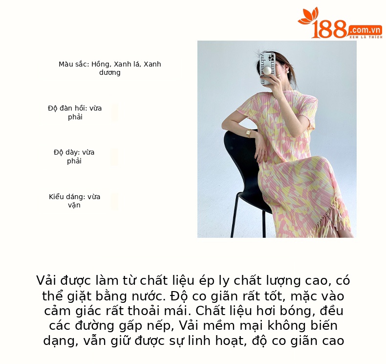 Váy xếp ly nữ phong cách Nhật Hàn tua rua in hình thanh lịch — Màu xanh lam chi tiết 3