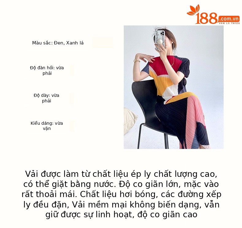 Váy xếp ly dáng ôm in họa tiết thanh lịch, tay ngắn, xẻ tà, dài ngang đùi — Màu đen chi tiết 13