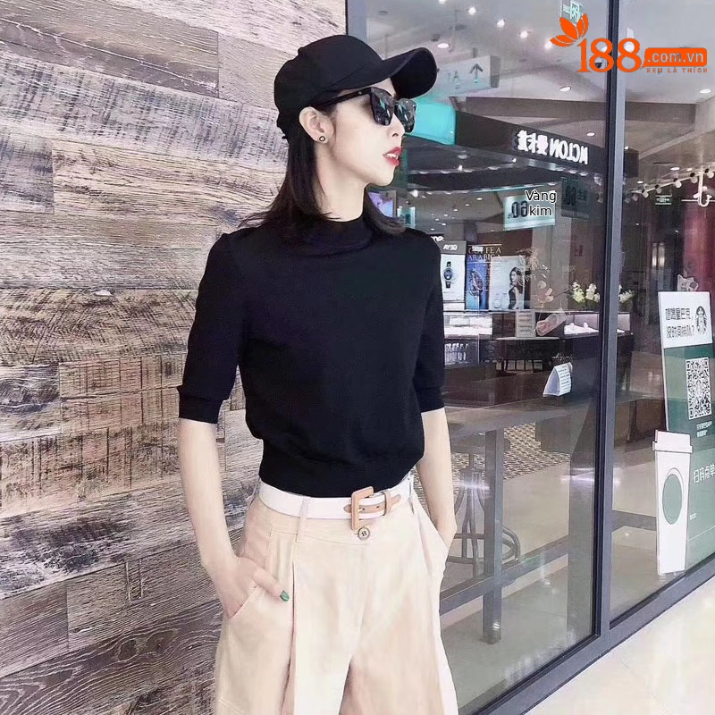 Áo thun nữ cổ nửa cao tay lửng chất liệu lụa đá ôm dáng — Màu sô cô la chi tiết 19
