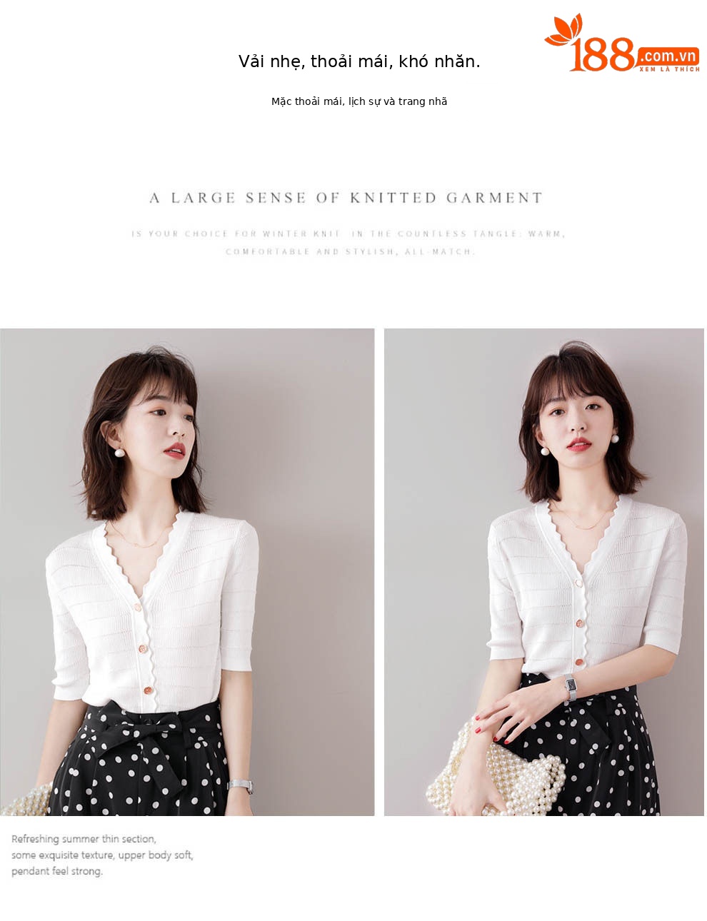 Áo cardigan dệt kim tay ngắn cổ V viền sóng chất liệu lụa đá mát mẻ — Màu đen chi tiết 4