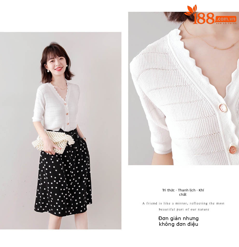 Áo cardigan dệt kim tay ngắn cổ V viền sóng chất liệu lụa đá mát mẻ — Màu đen chi tiết 5