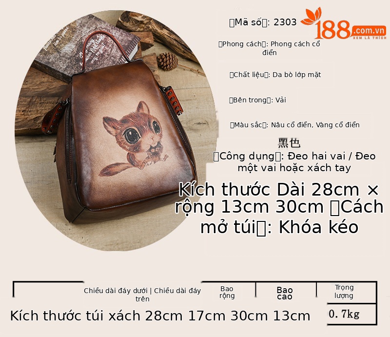 Balo da bò lớp đầu phong cách cổ điển, kích thước 28×13×30 cm — Màu đen chi tiết 2