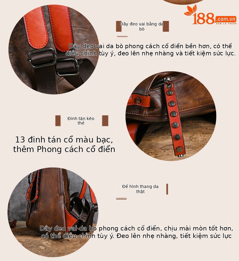 Balo da bò lớp đầu phong cách cổ điển, kích thước 28×13×30 cm — Màu đen chi tiết 5