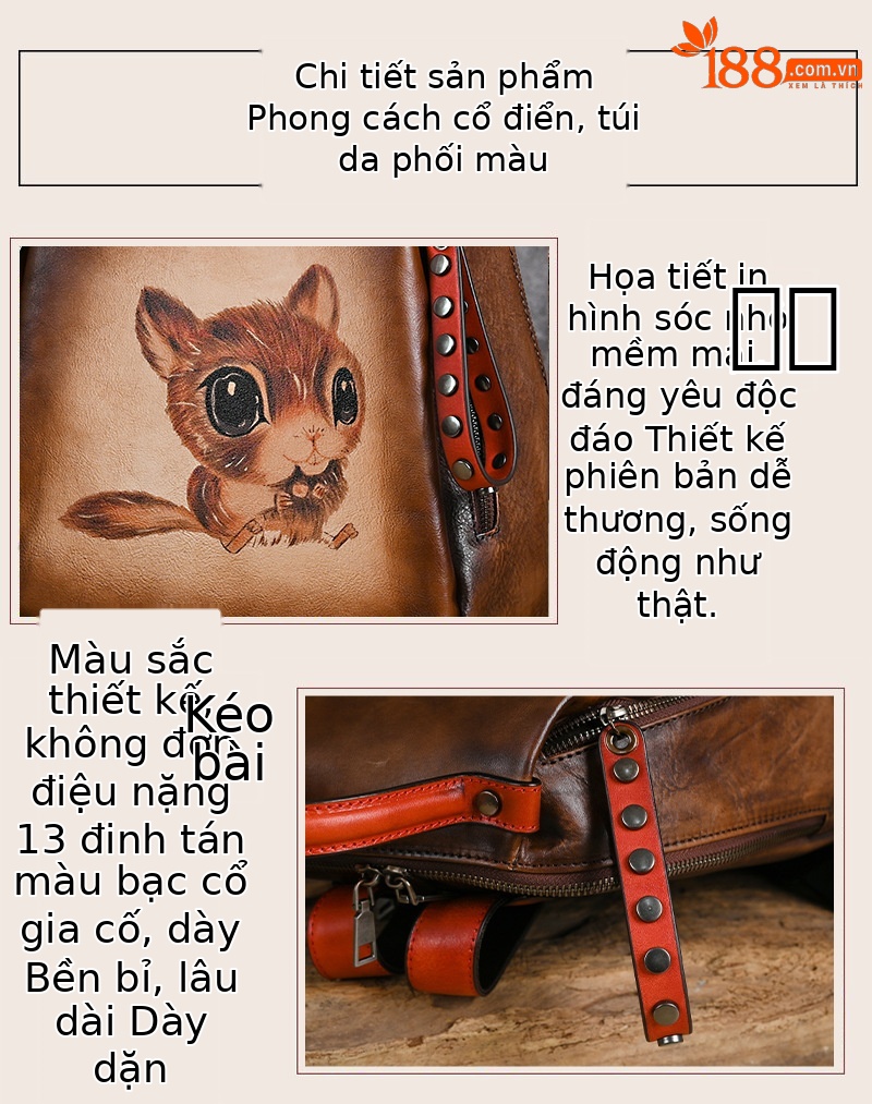 Balo da bò lớp đầu phong cách cổ điển, kích thước 28×13×30 cm — Màu đen chi tiết 12