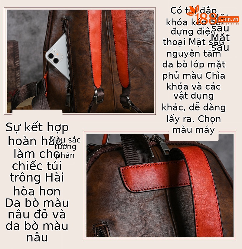 Balo da bò lớp đầu phong cách cổ điển, kích thước 28×13×30 cm — Màu đen chi tiết 13