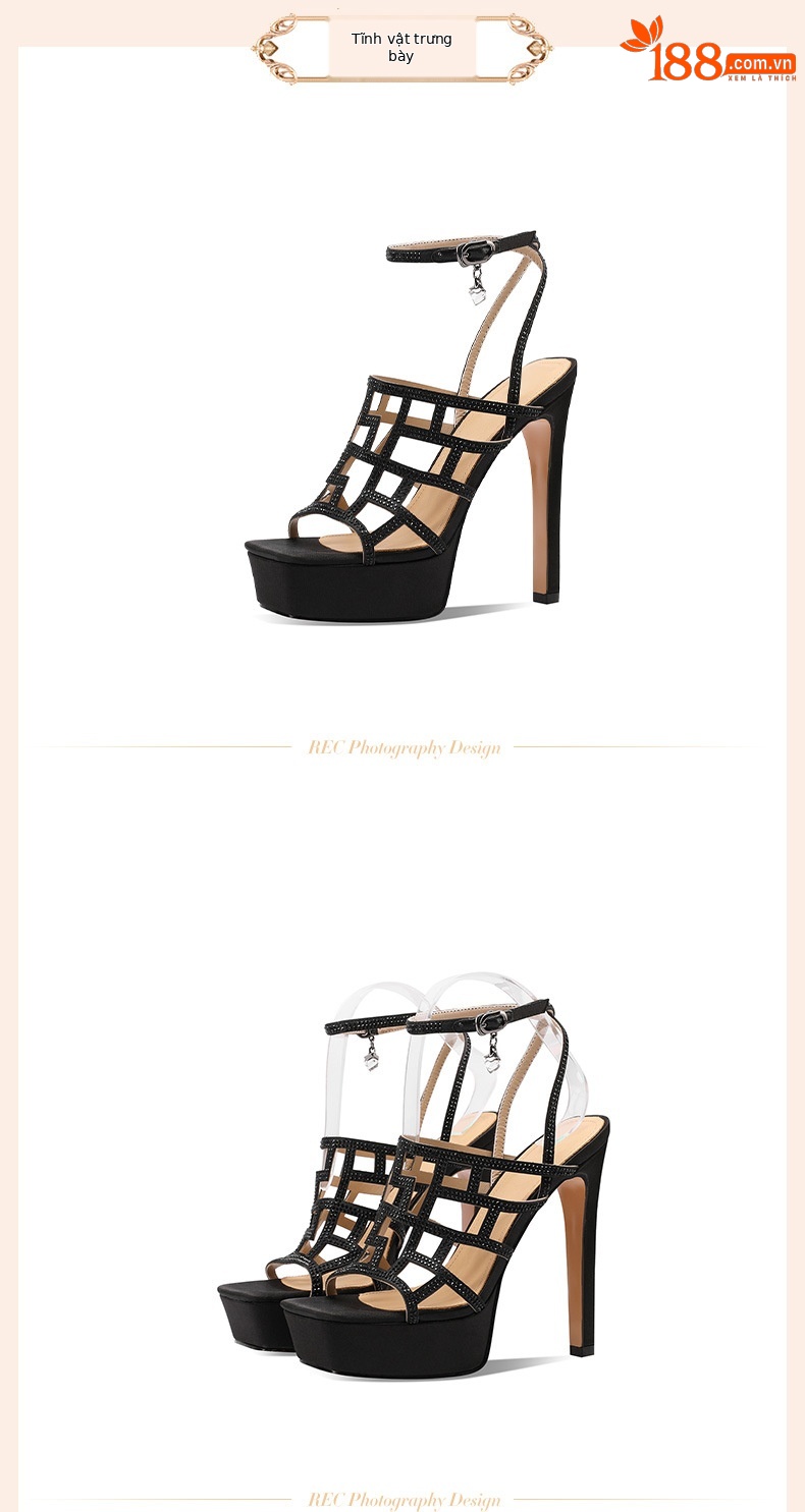 Sandal cao gót nữ hở mũi gót thô đính đá platform dây mảnh phong cách La Mã — Màu Sâm panh chi tiết 6