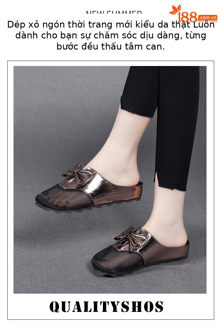 Dép sandal nữ bít mũi lưới thắt nơ da thật đế bằng mềm chống trượt — Màu đen chi tiết 1