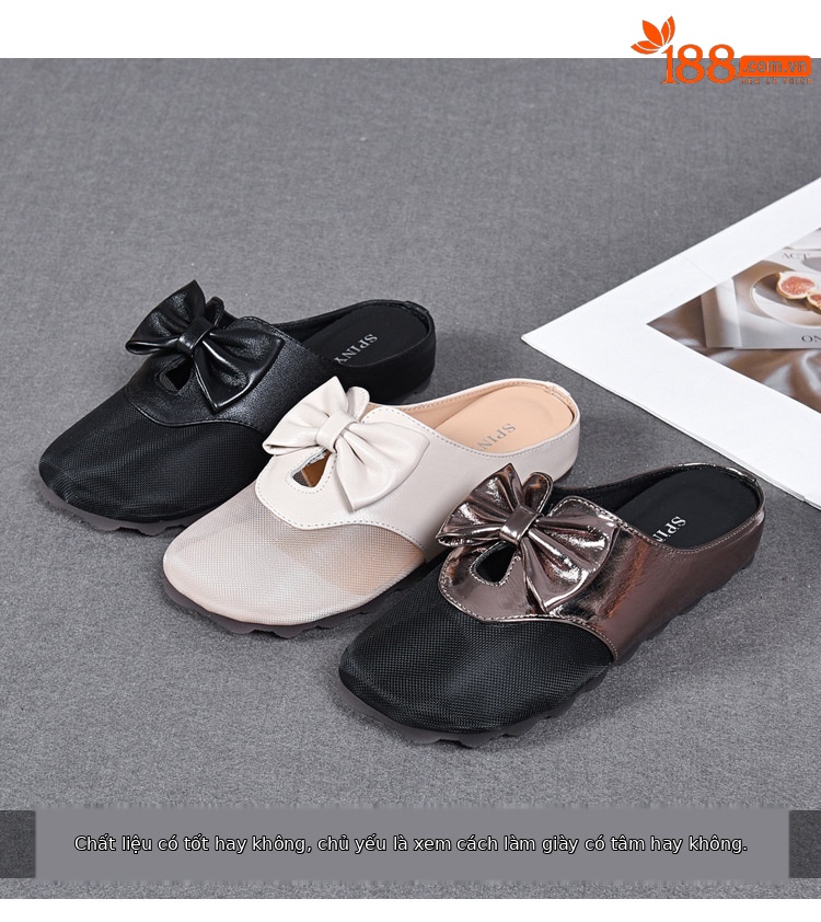 Dép sandal nữ bít mũi lưới thắt nơ da thật đế bằng mềm chống trượt — Màu đen chi tiết 3