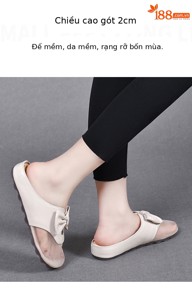 Dép sandal nữ bít mũi lưới thắt nơ da thật đế bằng mềm chống trượt — Màu đen chi tiết 6