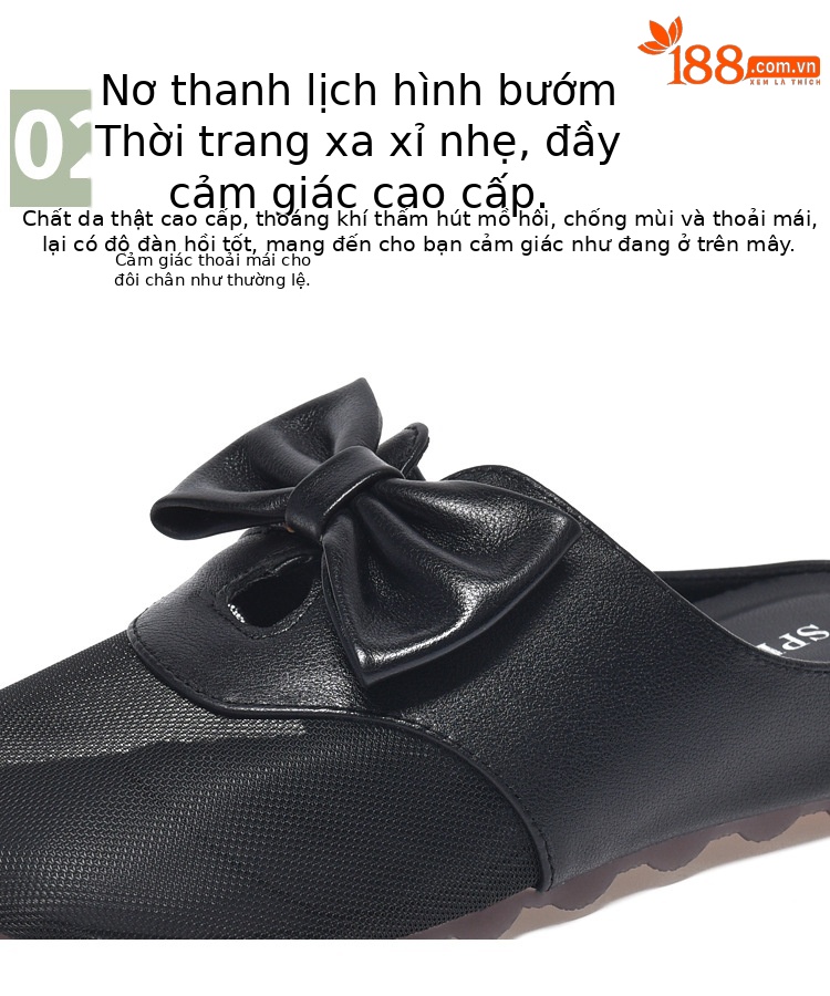Dép sandal nữ bít mũi lưới thắt nơ da thật đế bằng mềm chống trượt — Màu đen chi tiết 10