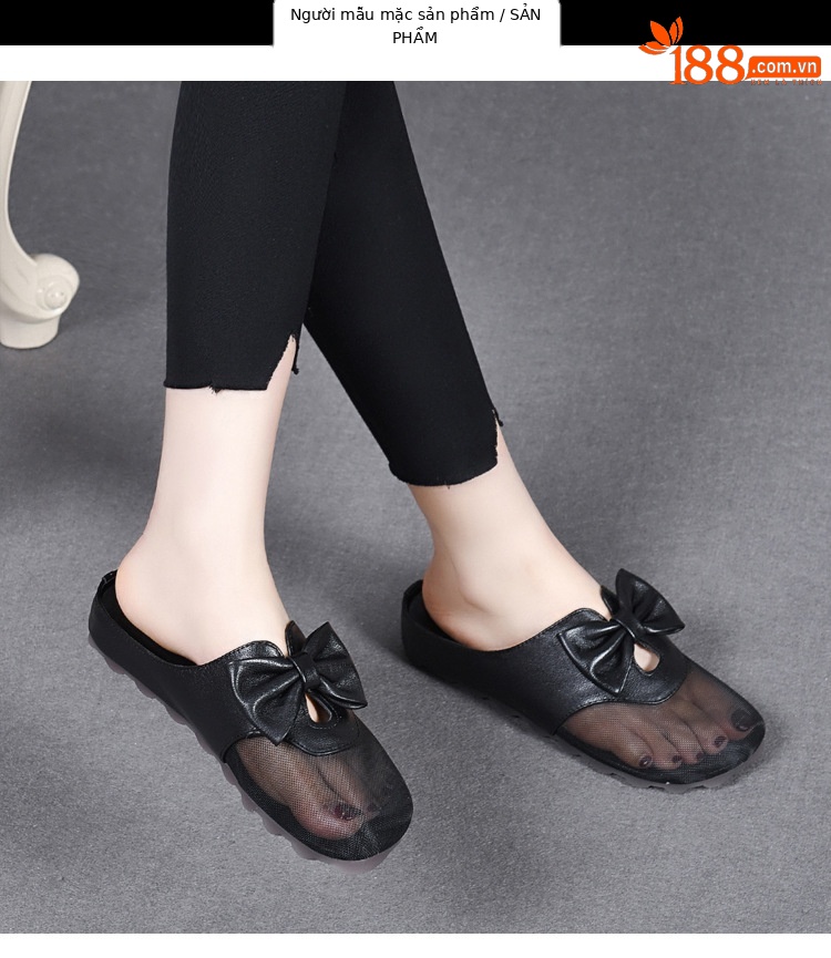Dép sandal nữ bít mũi lưới thắt nơ da thật đế bằng mềm chống trượt — Màu đen chi tiết 12