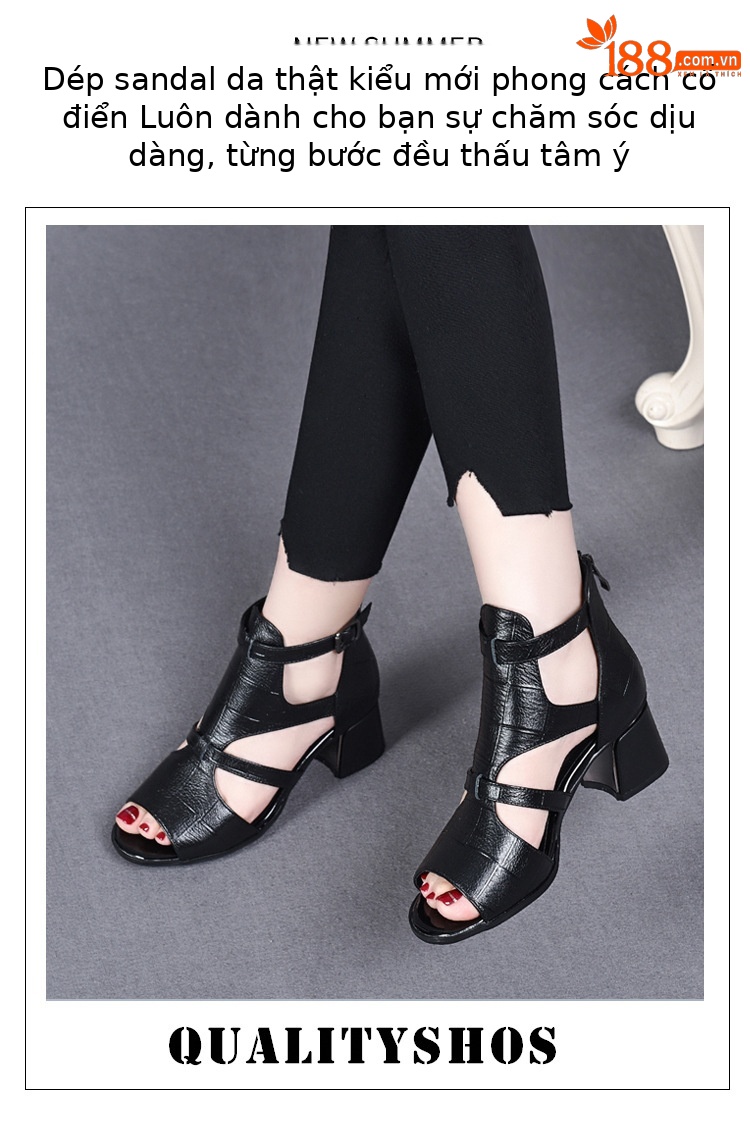Sandal cao gót nữ da thật mũi hở kiểu Pháp gót vuông 9 cm — Màu nâu chi tiết 1