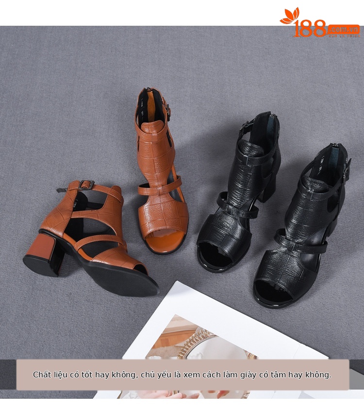 Sandal cao gót nữ da thật mũi hở kiểu Pháp gót vuông 9 cm — Màu nâu chi tiết 3