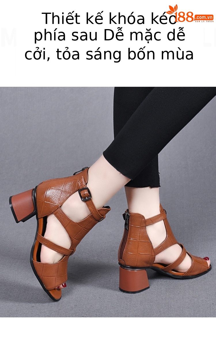 Sandal cao gót nữ da thật mũi hở kiểu Pháp gót vuông 9 cm — Màu nâu chi tiết 6
