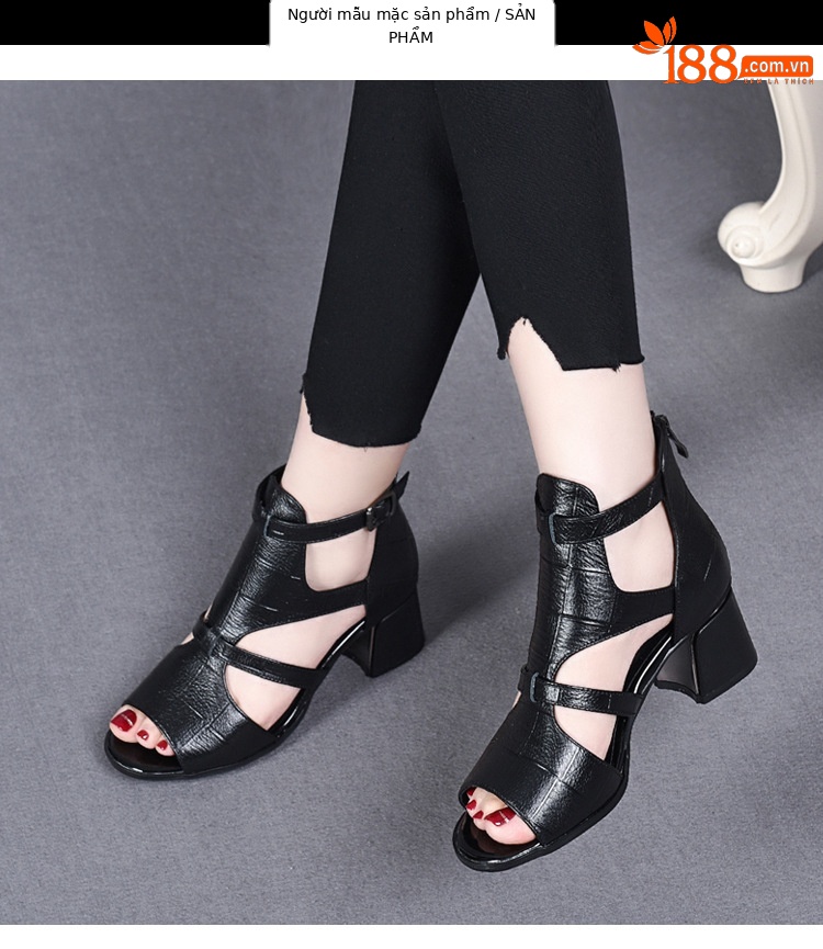 Sandal cao gót nữ da thật mũi hở kiểu Pháp gót vuông 9 cm — Màu nâu chi tiết 12