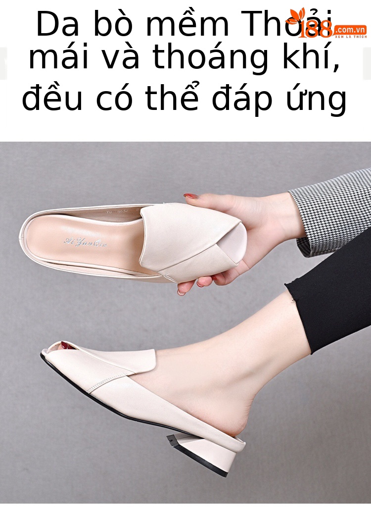 Dép bệt miệng cá da thật mũi bít đế mềm thời trang hè — Màu đen chi tiết 4