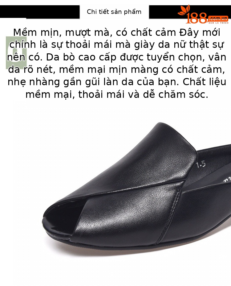 Dép bệt miệng cá da thật mũi bít đế mềm thời trang hè — Màu đen chi tiết 8