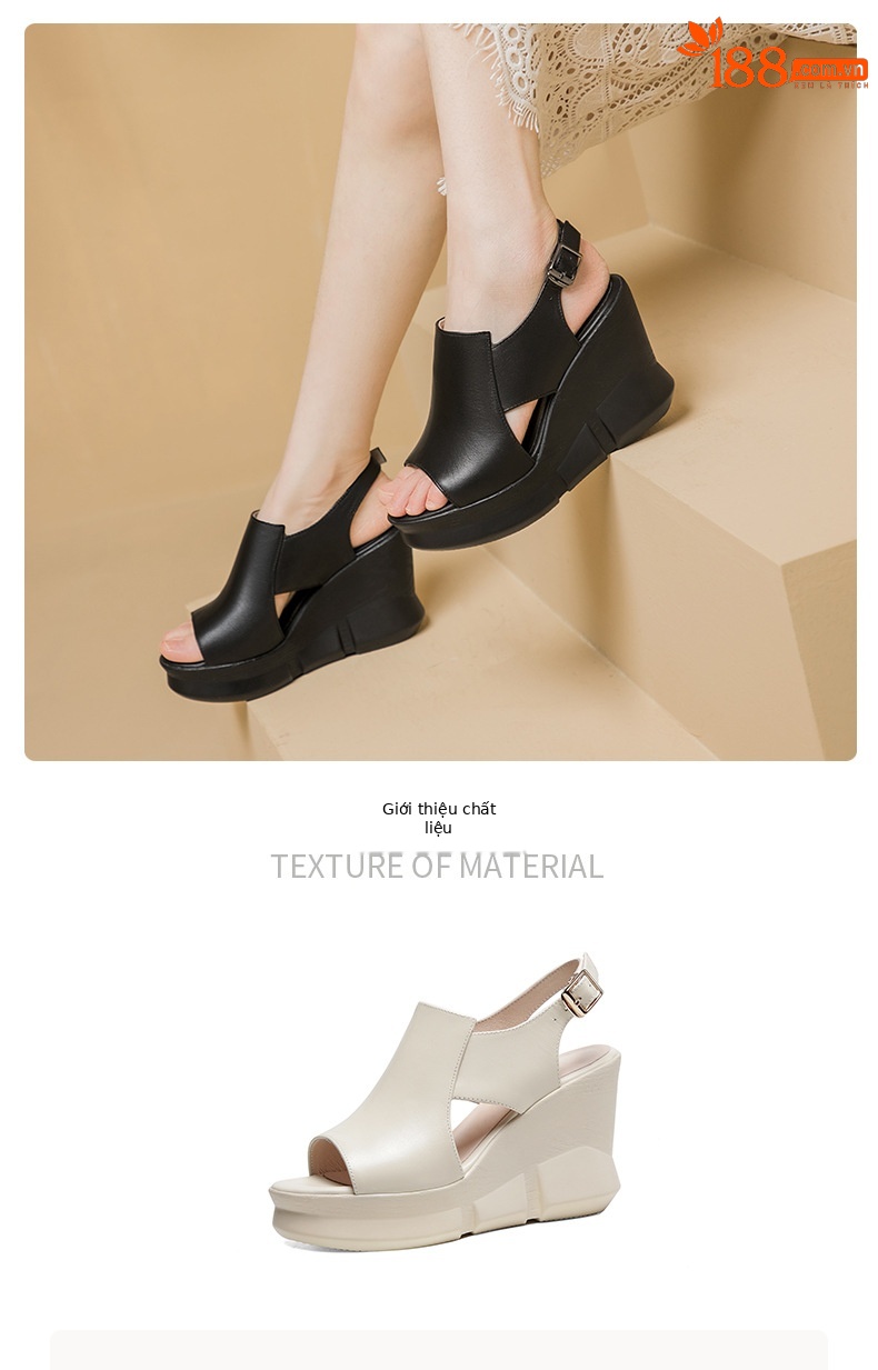 Sandal nữ đế xuồng miệng cá da bò, quai ngang đơn giản, gót cao 8 cm — Màu đen chi tiết 2