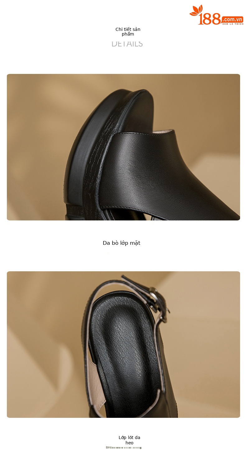 Sandal nữ đế xuồng miệng cá da bò, quai ngang đơn giản, gót cao 8 cm — Màu đen chi tiết 7
