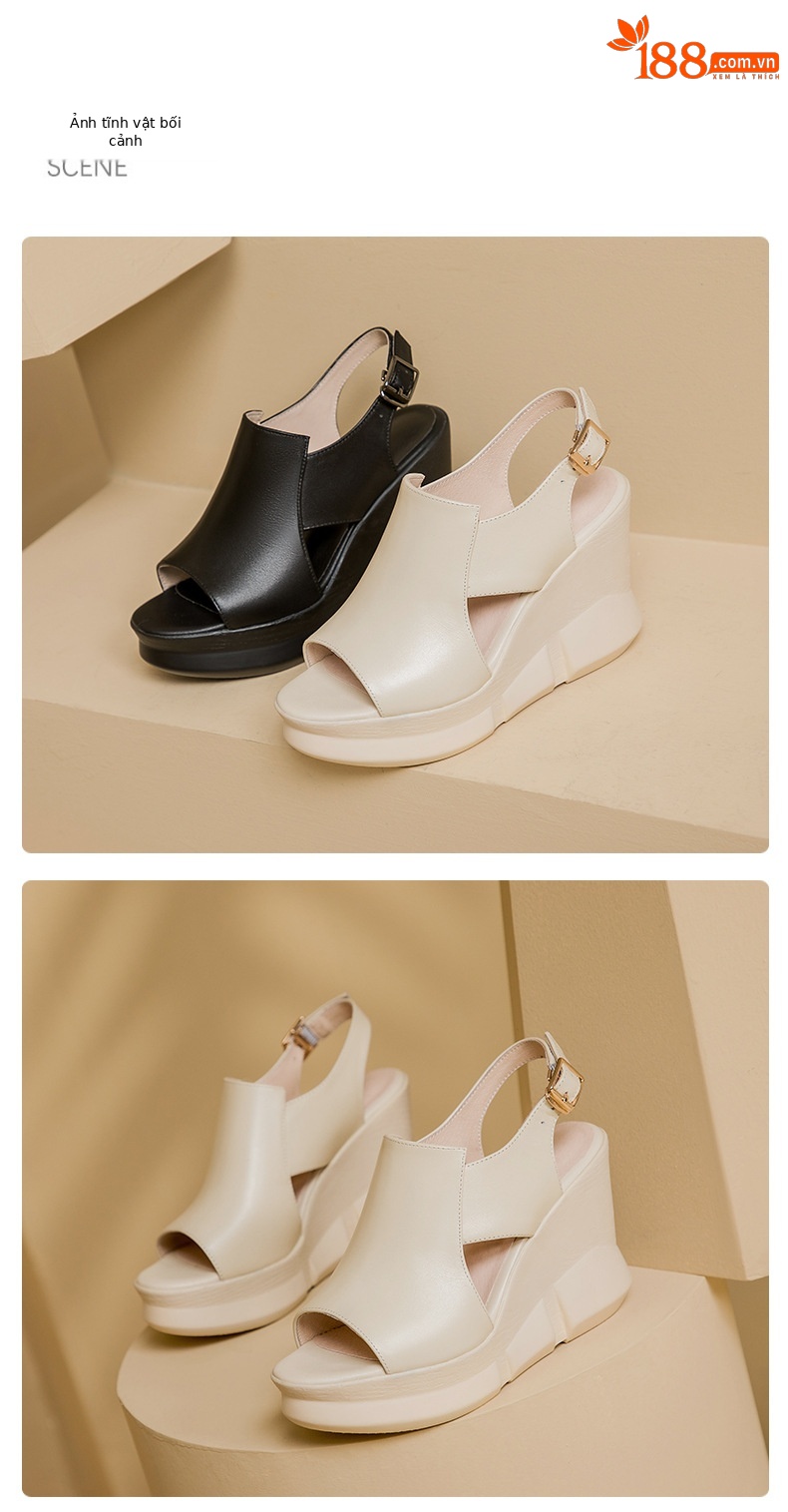Sandal nữ đế xuồng miệng cá da bò, quai ngang đơn giản, gót cao 8 cm — Màu đen chi tiết 9