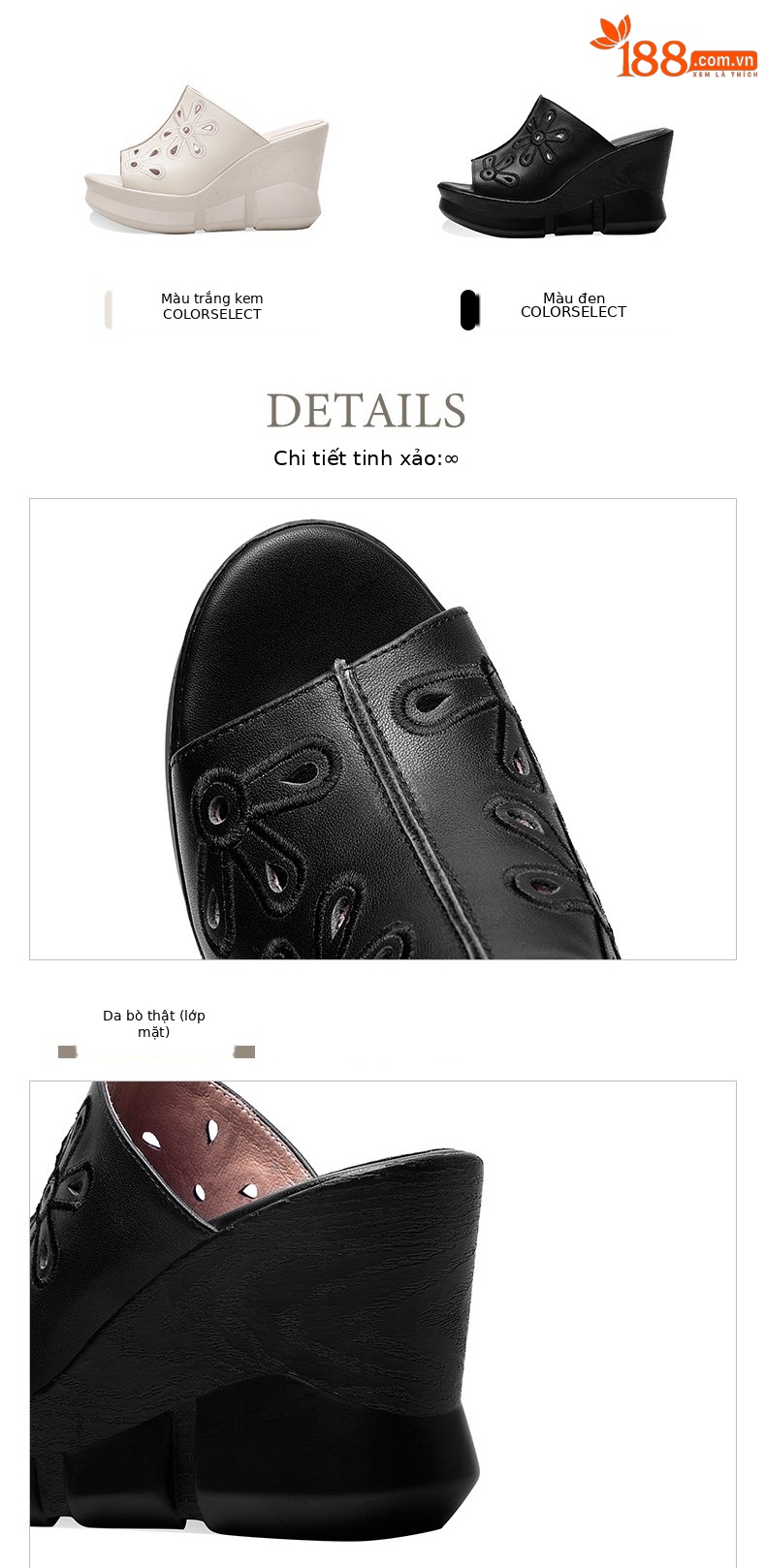 Sandal nữ da bò mũi cá gót xuồng đế dày — Màu đen chi tiết 5