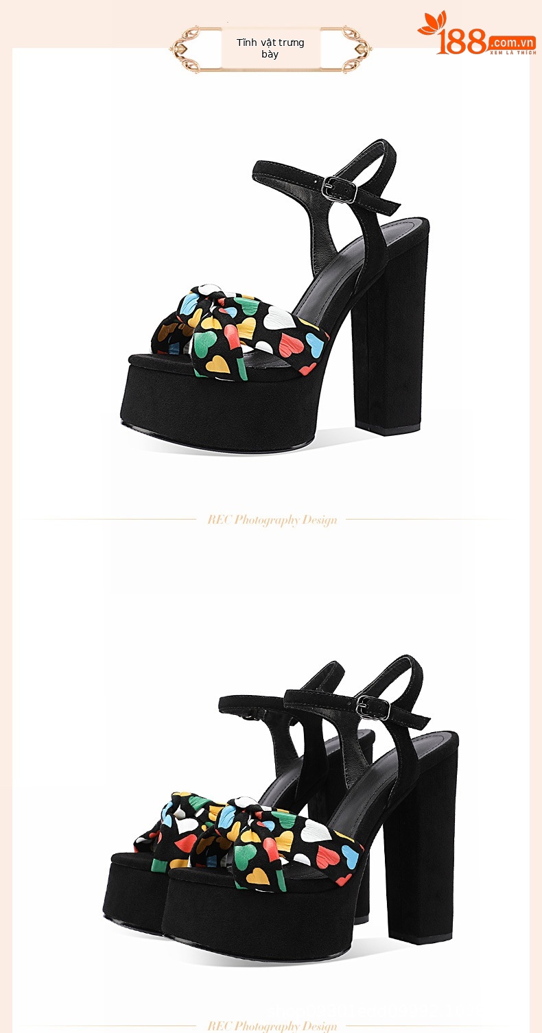 Sandal cao gót nữ quai ngang mũi tròn đế xuồng phối màu gót thô 13 cm — Màu đen chi tiết 2