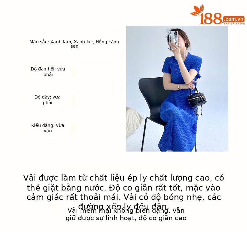Váy xếp ly cổ chữ V tay nữ tính dáng ôm vừa dài thanh lịch — Màu xanh lam chi tiết 3