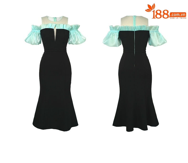 Váy maxi đuôi cá nữ tay phồng ôm dáng — Màu xanh lam chi tiết 2
