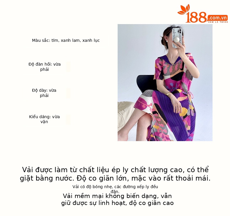 Đầm suông nữ midi in họa tiết cổ chữ V xếp ly tôn dáng eo — Màu xanh lam chi tiết 3