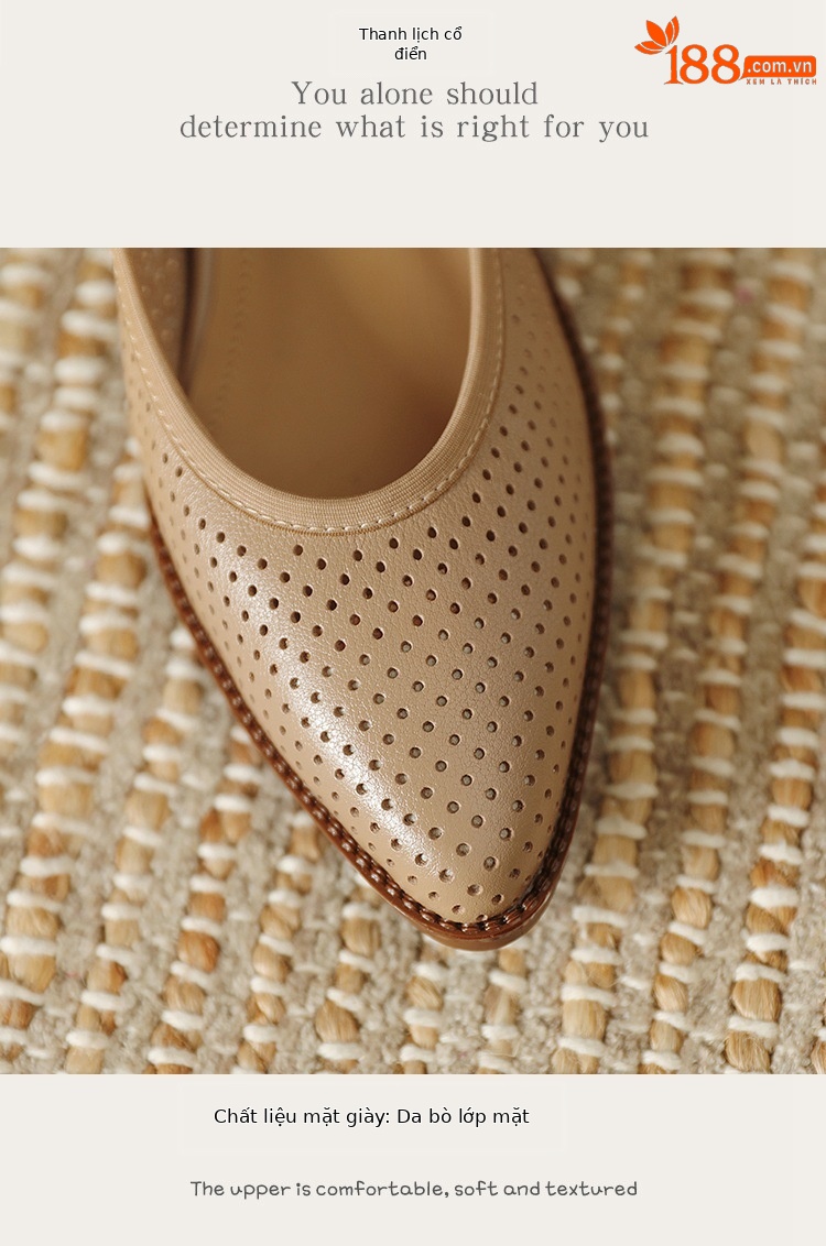 Sandal nữ da bò lỗ lưới miệng nông gót vừa — Màu trắng be chi tiết 4