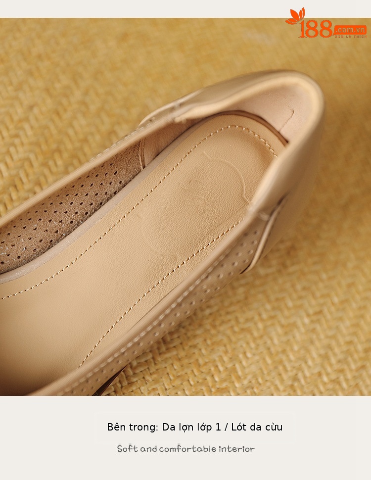 Sandal nữ da bò lỗ lưới miệng nông gót vừa — Màu trắng be chi tiết 5