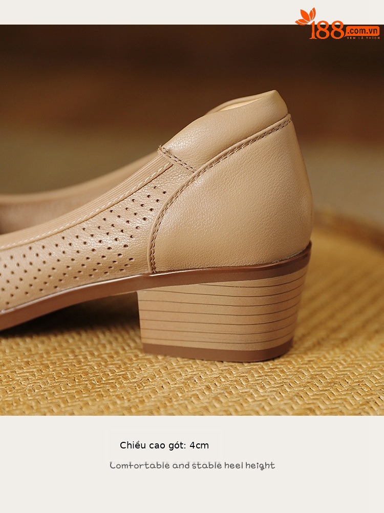 Sandal nữ da bò lỗ lưới miệng nông gót vừa — Màu trắng be chi tiết 6