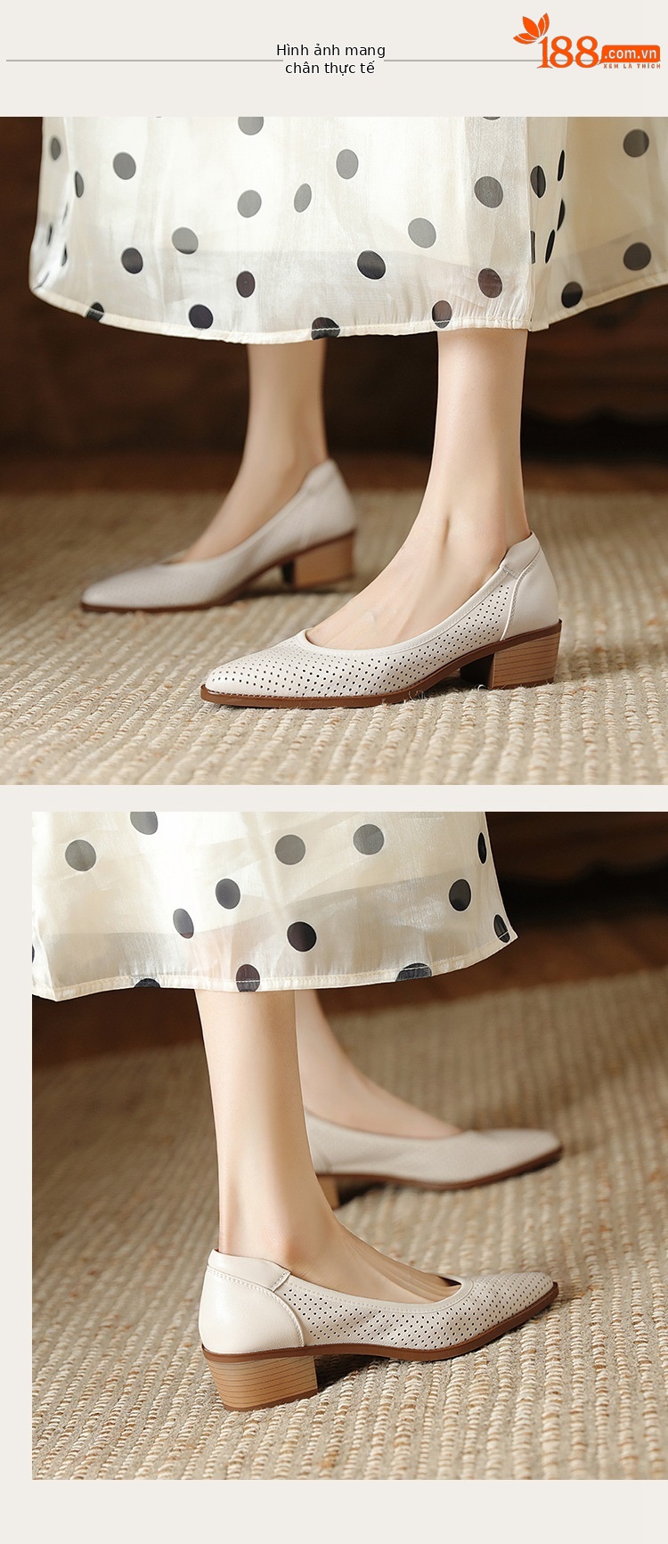 Sandal nữ da bò lỗ lưới miệng nông gót vừa — Màu trắng be chi tiết 8