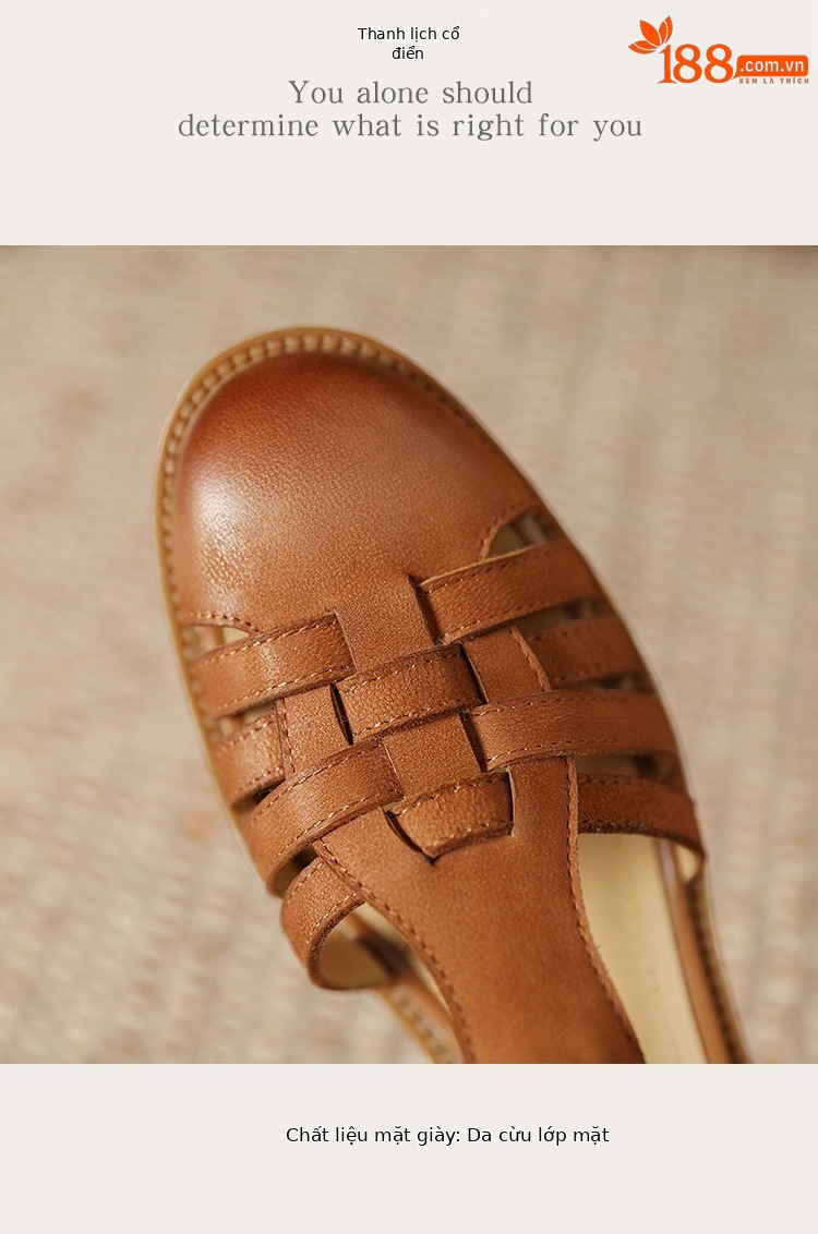 Sandal bít mũi da cừu phong cách La Mã quai chữ T dệt cho nữ — Màu caramel chi tiết 6