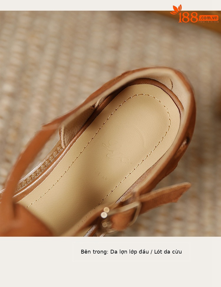 Sandal bít mũi da cừu phong cách La Mã quai chữ T dệt cho nữ — Màu caramel chi tiết 7