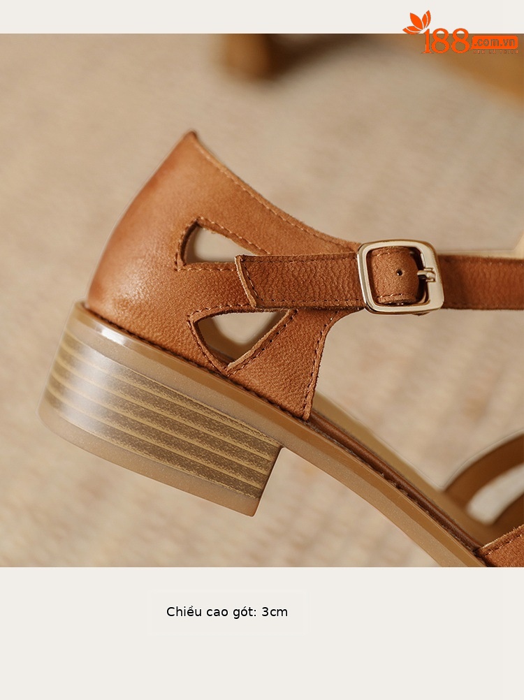 Sandal bít mũi da cừu phong cách La Mã quai chữ T dệt cho nữ — Màu caramel chi tiết 8
