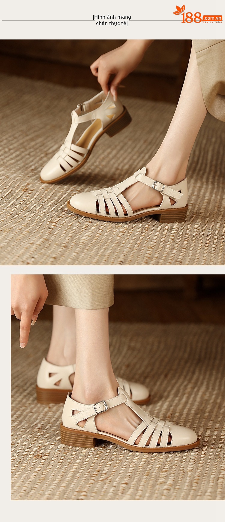 Sandal bít mũi da cừu phong cách La Mã quai chữ T dệt cho nữ — Màu caramel chi tiết 10