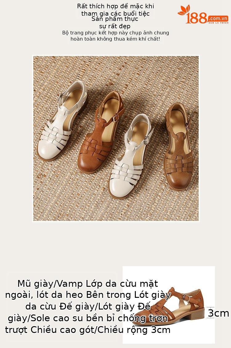 Sandal bít mũi da cừu phong cách La Mã quai chữ T dệt cho nữ — Màu caramel chi tiết 5