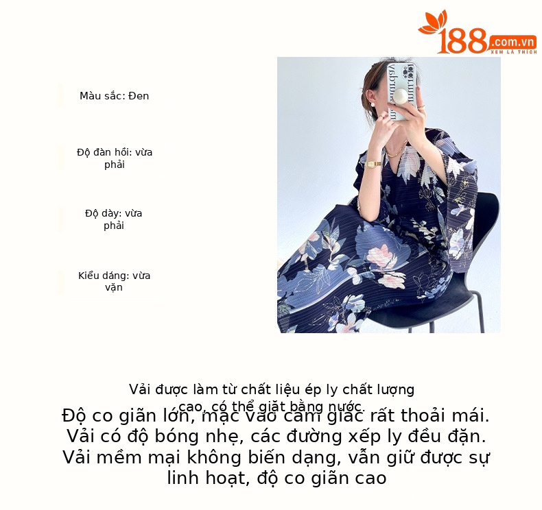 Đầm nữ suông midi tay cánh dơi in họa tiết rời xếp ly phong cách Nhật — Màu đen chi tiết 3