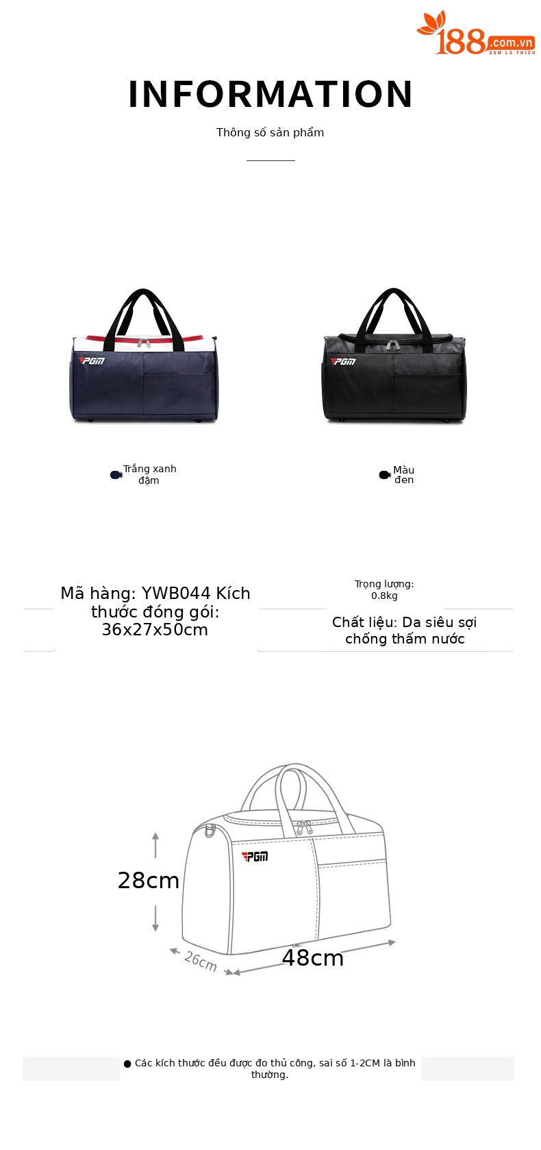 Túi đựng đồ golf PGM chống nước siêu nhẹ, dung tích lớn 48×26×28 cm — YWB044-Màu đen, YWB044-Trắng xanh đậm chi tiết 7